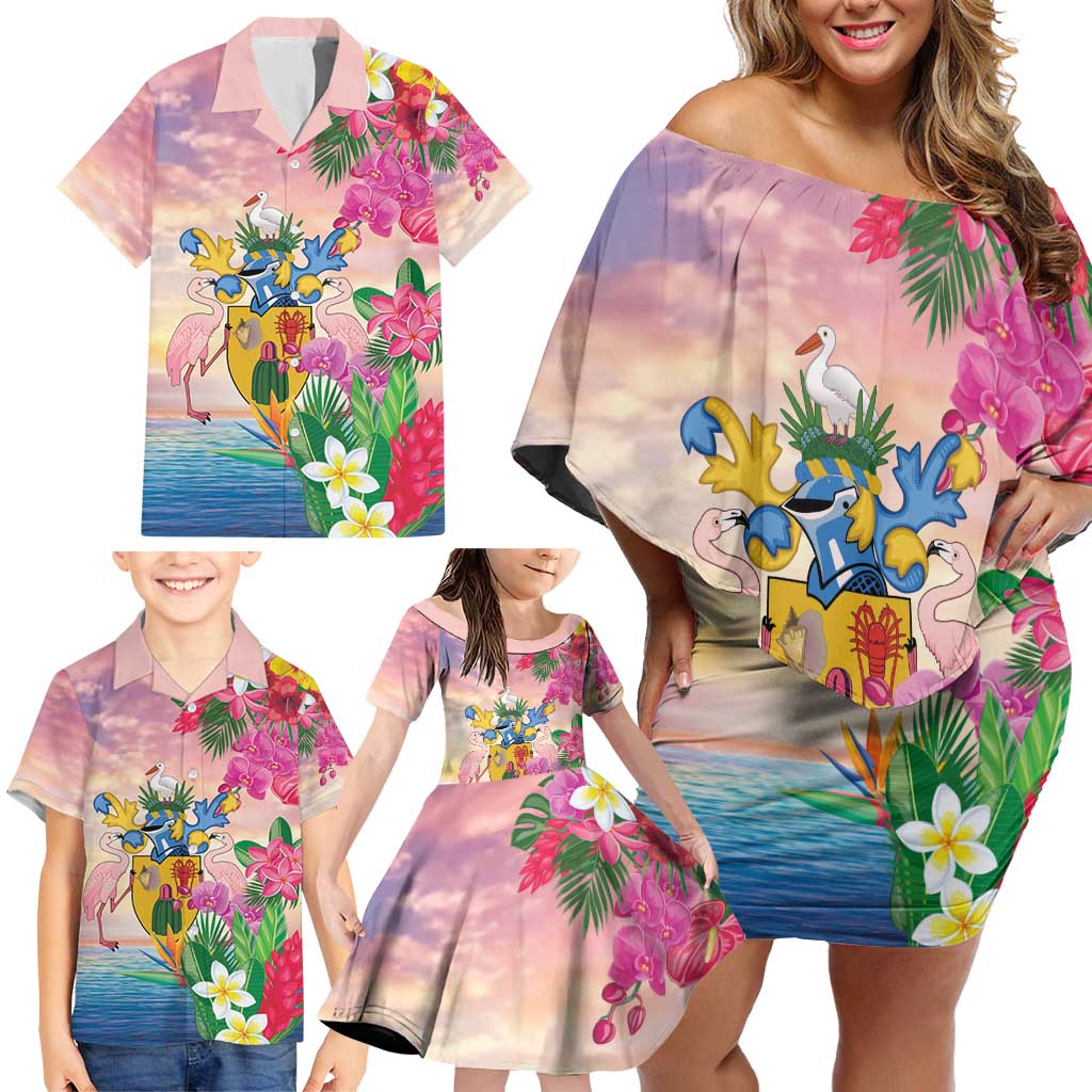 Turks And Caicos Islands Family Matching Off Shoulder Short Dress and Hawaiian Shirt Flamingos Tropical Beauty Beach