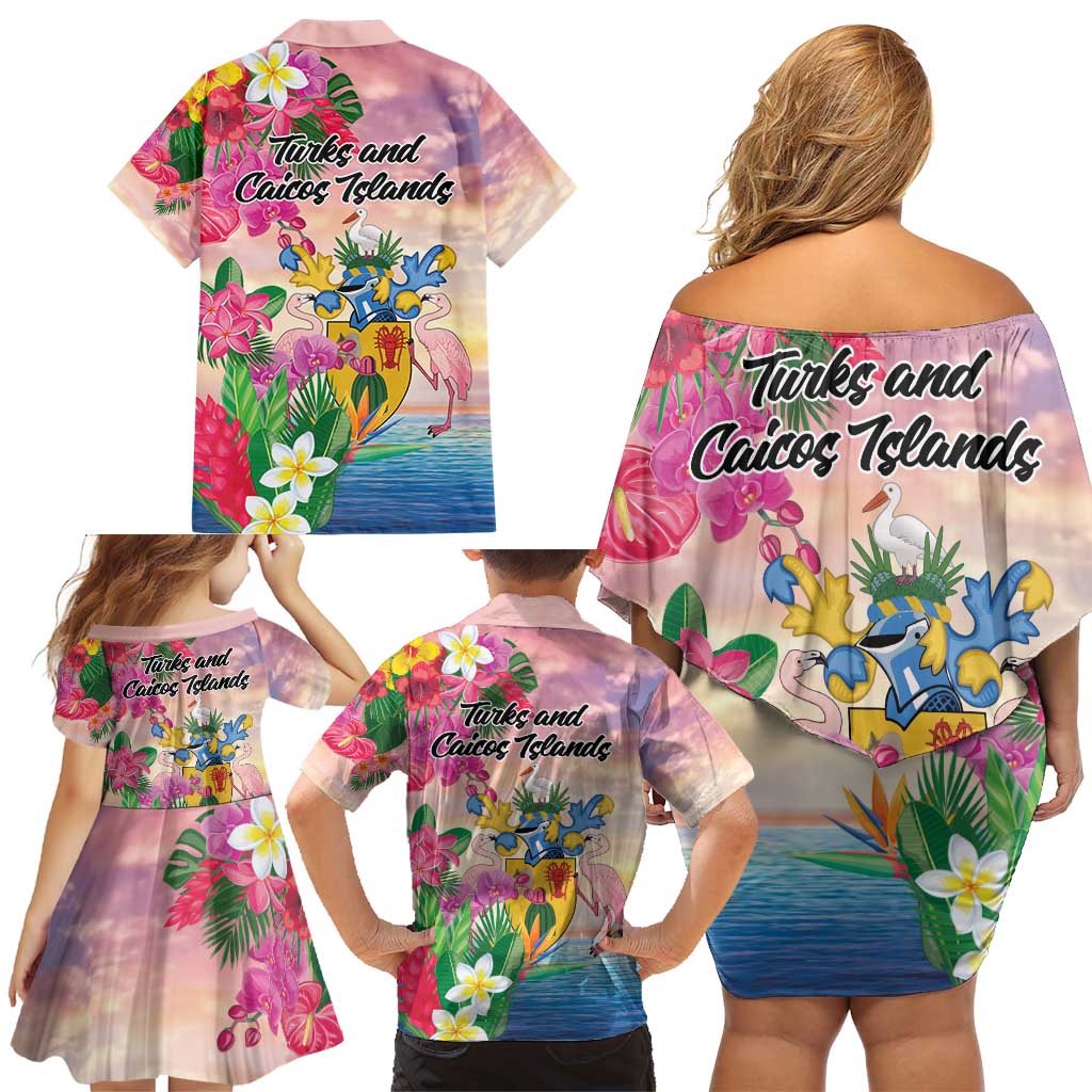 Turks And Caicos Islands Family Matching Off Shoulder Short Dress and Hawaiian Shirt Flamingos Tropical Beauty Beach
