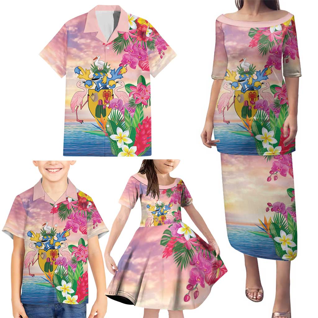 Turks And Caicos Islands Family Matching Puletasi and Hawaiian Shirt Flamingos Tropical Beauty Beach
