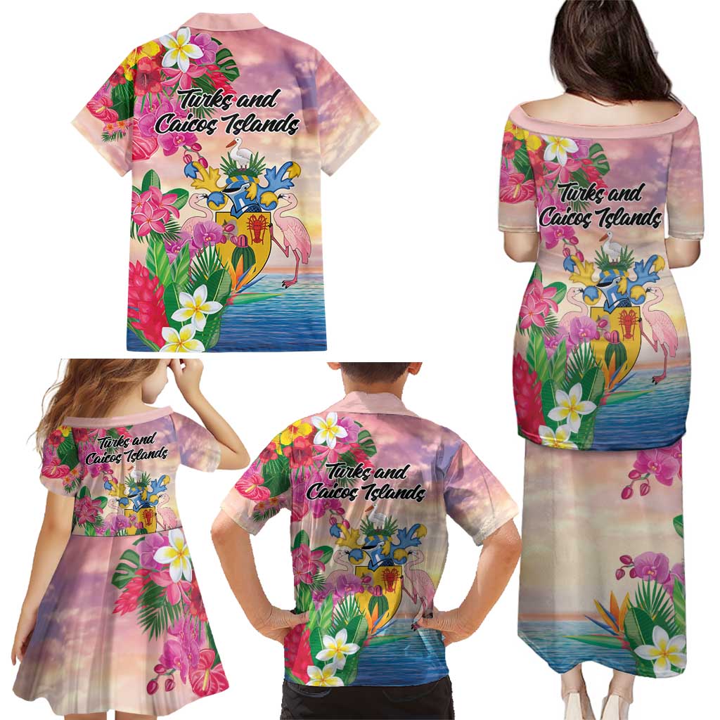 Turks And Caicos Islands Family Matching Puletasi and Hawaiian Shirt Flamingos Tropical Beauty Beach