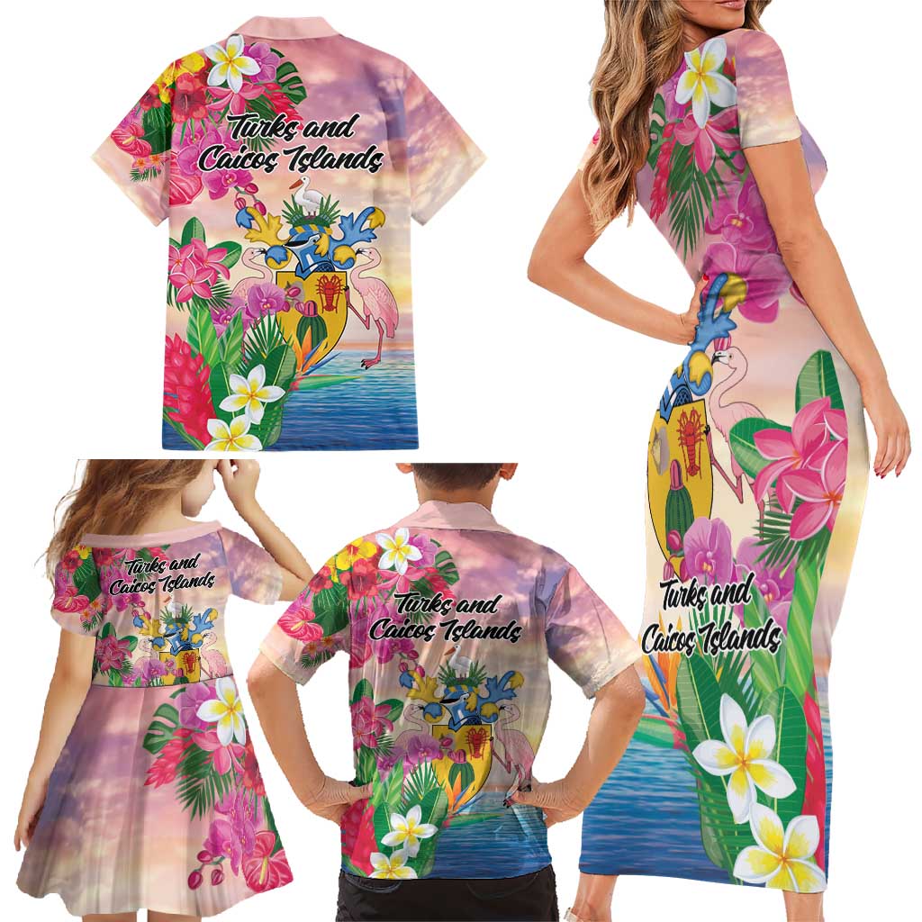 Turks And Caicos Islands Family Matching Short Sleeve Bodycon Dress and Hawaiian Shirt Flamingos Tropical Beauty Beach