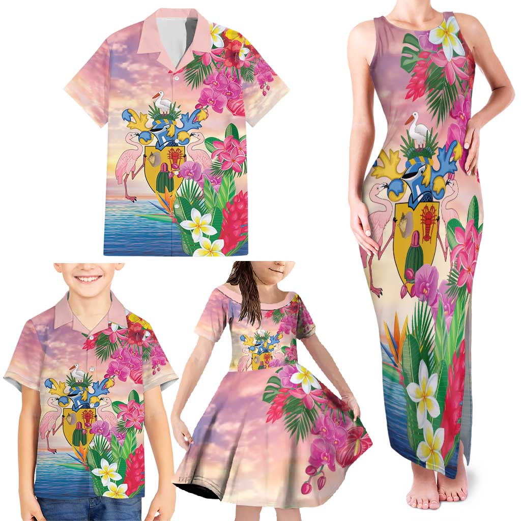 Turks And Caicos Islands Family Matching Tank Maxi Dress and Hawaiian Shirt Flamingos Tropical Beauty Beach