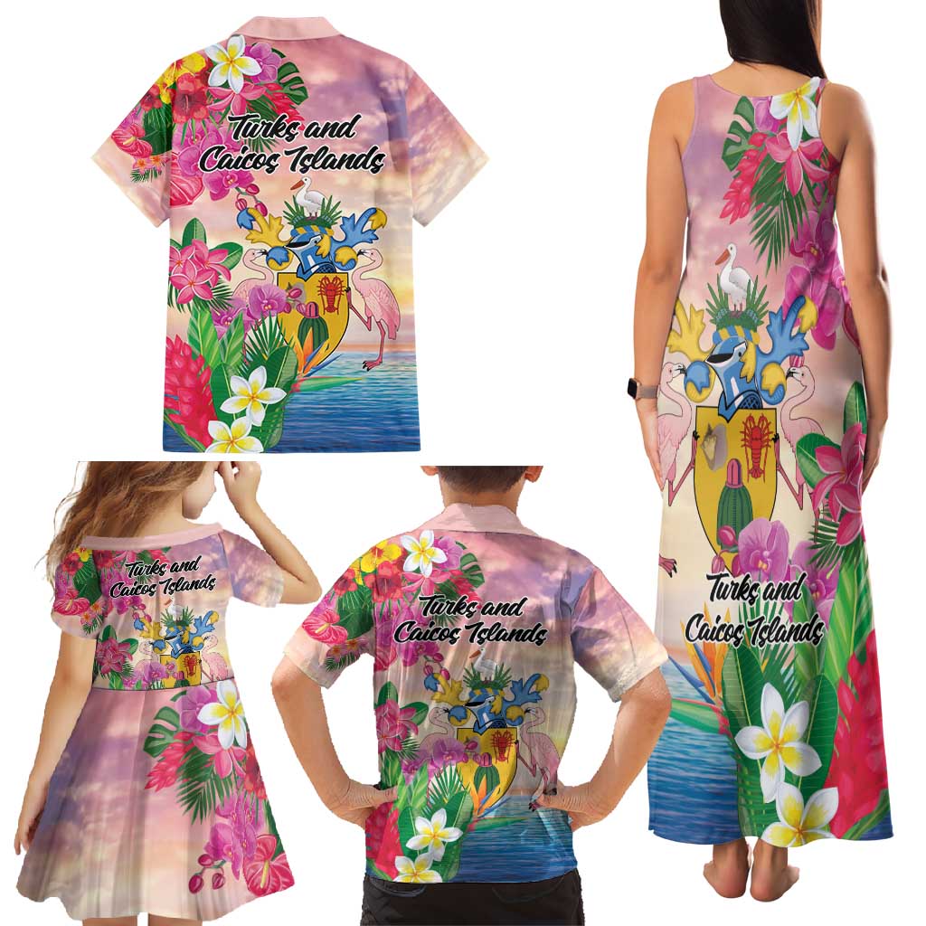Turks And Caicos Islands Family Matching Tank Maxi Dress and Hawaiian Shirt Flamingos Tropical Beauty Beach