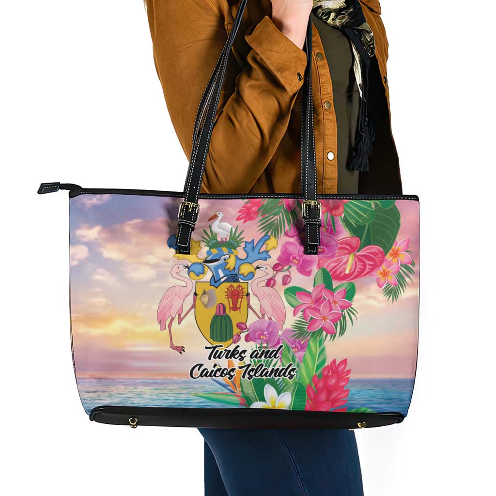 Turks And Caicos Islands Leather Tote Bag Flamingos Tropical Beauty Beach