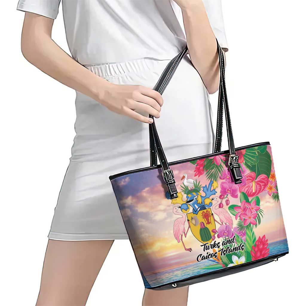Turks And Caicos Islands Leather Tote Bag Flamingos Tropical Beauty Beach