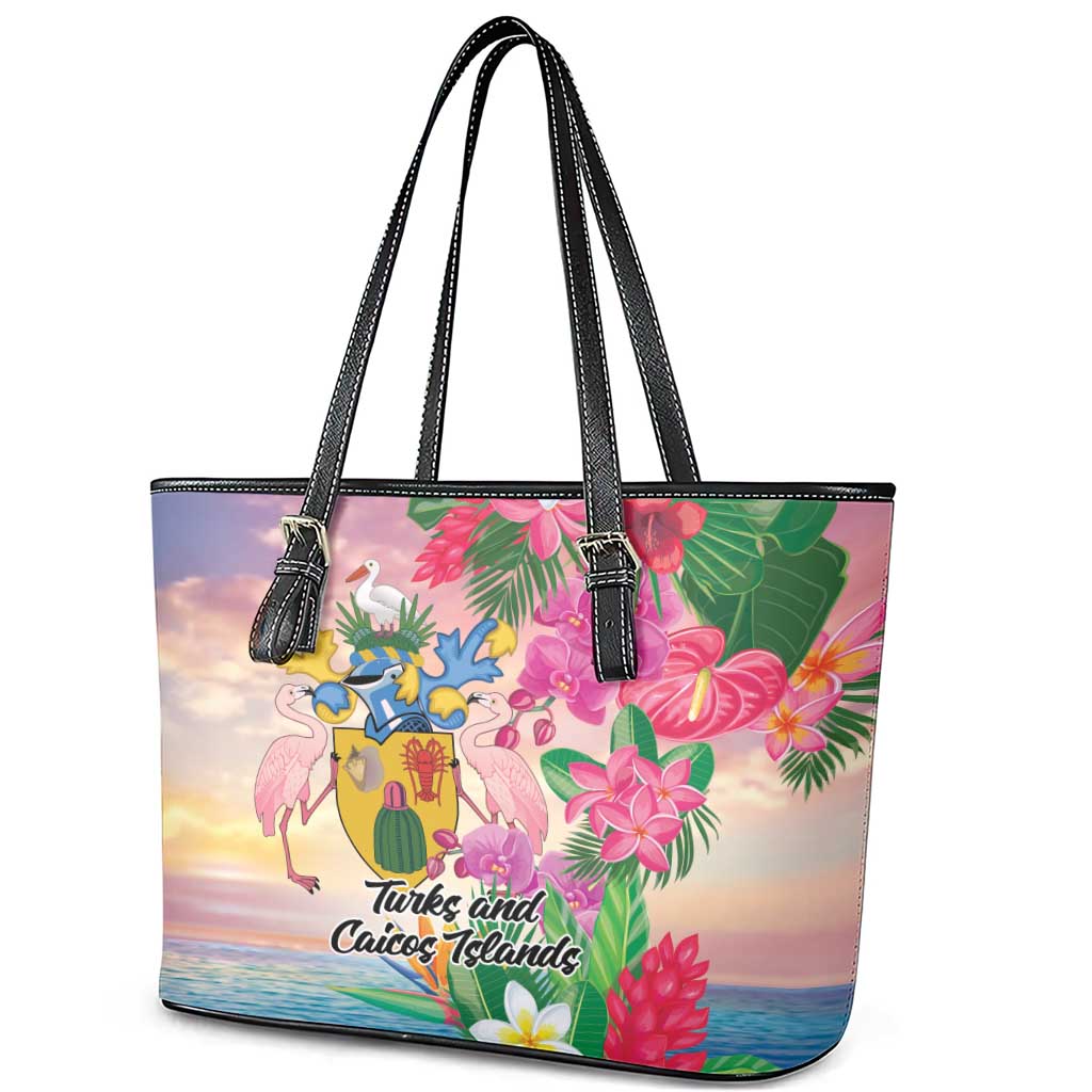 Turks And Caicos Islands Leather Tote Bag Flamingos Tropical Beauty Beach