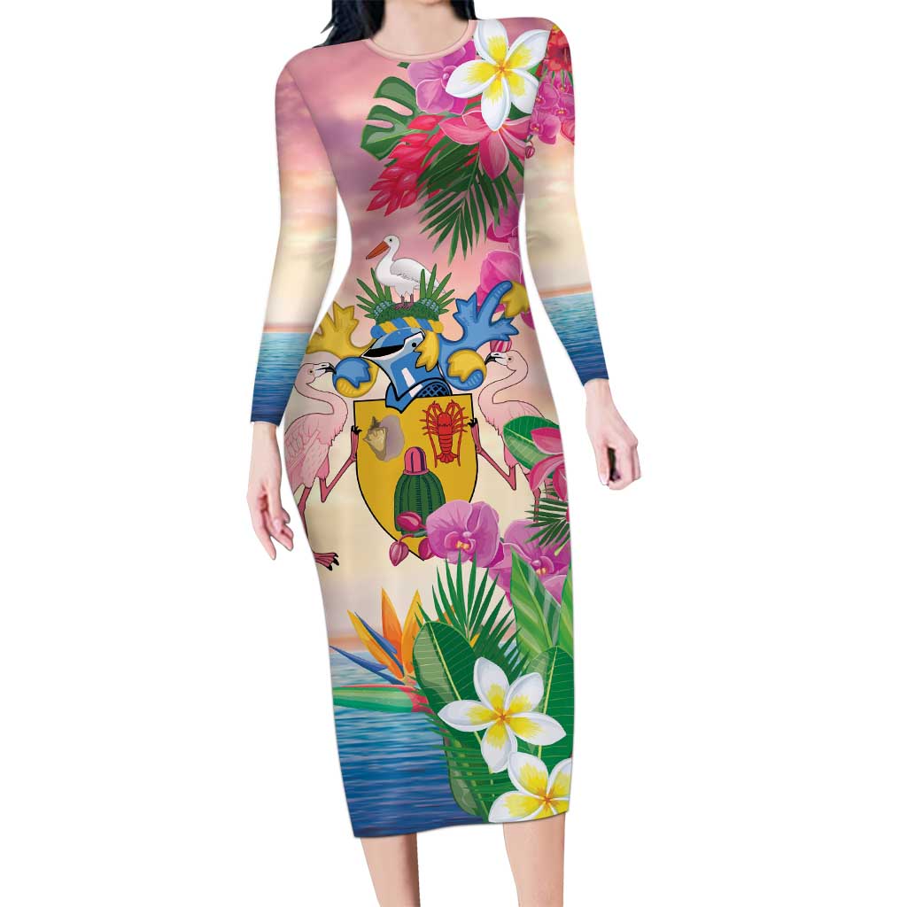 Turks And Caicos Islands Long Sleeve Bodycon Dress Flamingos Tropical Beauty Beach