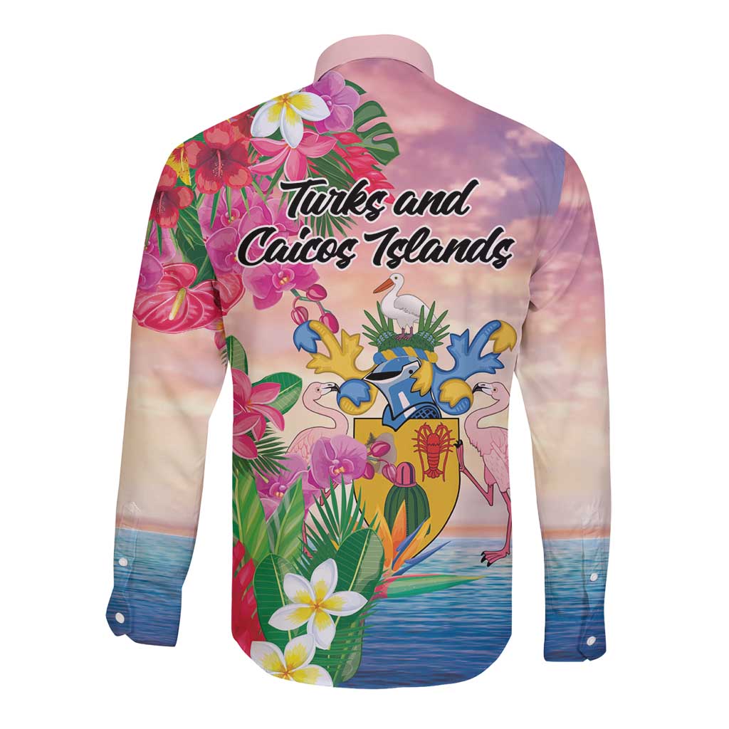 Turks And Caicos Islands Long Sleeve Button Shirt Flamingos Tropical Beauty Beach