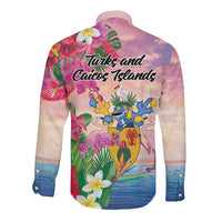 Turks And Caicos Islands Long Sleeve Button Shirt Flamingos Tropical Beauty Beach