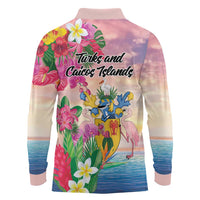 Turks And Caicos Islands Long Sleeve Polo Shirt Flamingos Tropical Beauty Beach