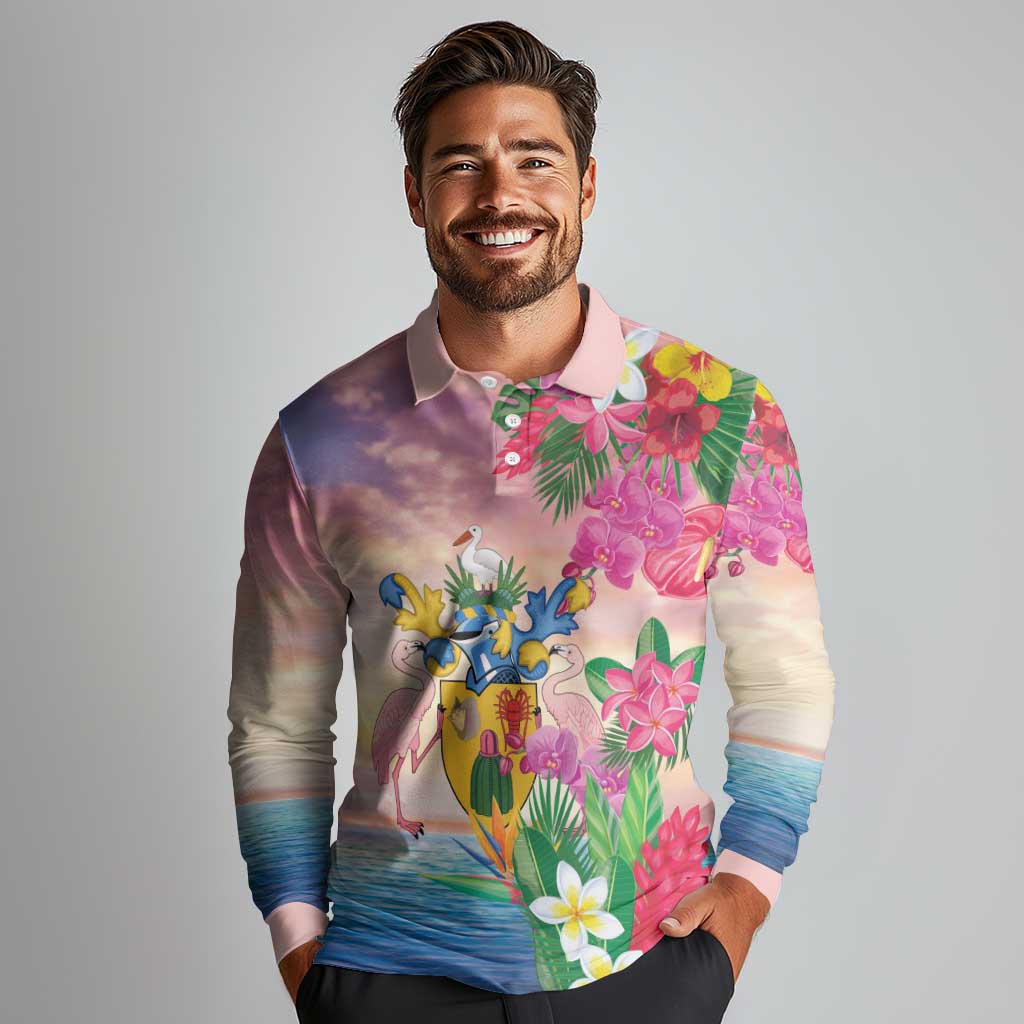 Turks And Caicos Islands Long Sleeve Polo Shirt Flamingos Tropical Beauty Beach