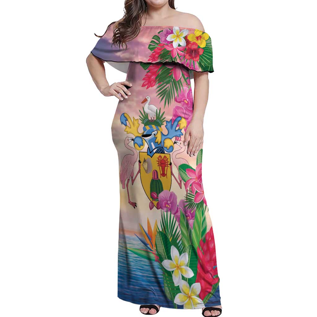 Turks And Caicos Islands Off Shoulder Maxi Dress Flamingos Tropical Beauty Beach