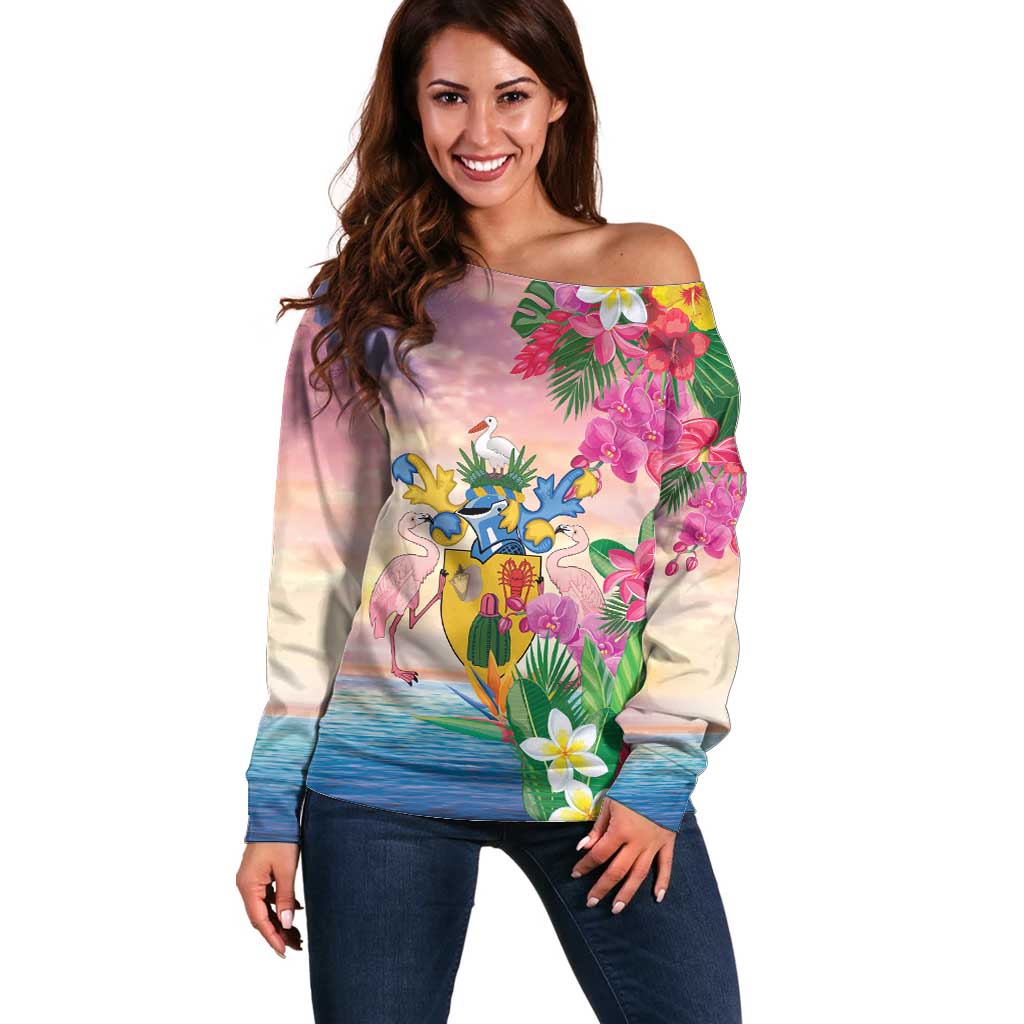 Turks And Caicos Islands Off Shoulder Sweater Flamingos Tropical Beauty Beach