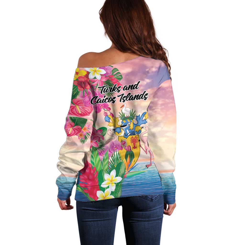 Turks And Caicos Islands Off Shoulder Sweater Flamingos Tropical Beauty Beach