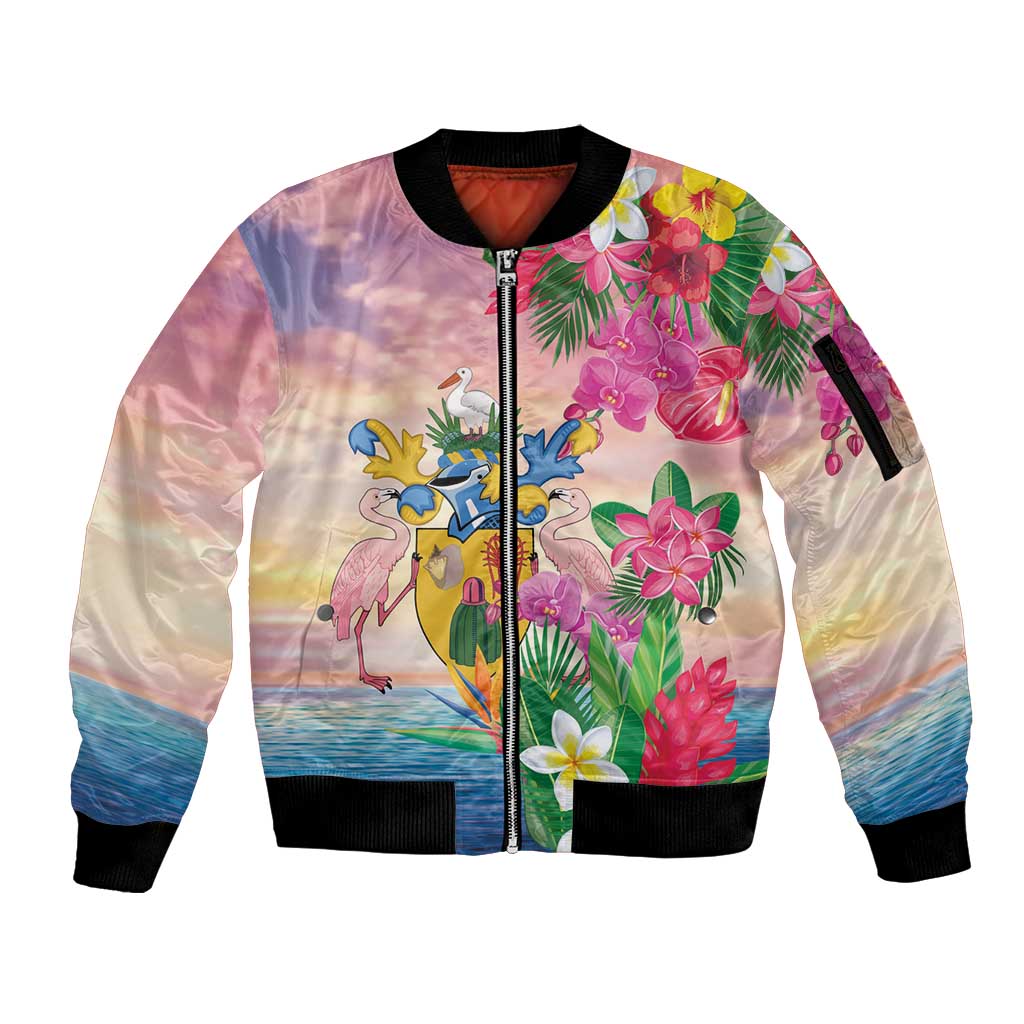 Turks And Caicos Islands Sleeve Zip Bomber Jacket Flamingos Tropical Beauty Beach