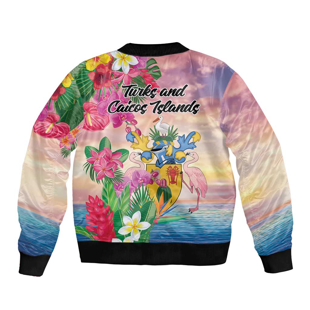 Turks And Caicos Islands Sleeve Zip Bomber Jacket Flamingos Tropical Beauty Beach
