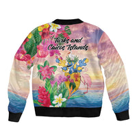 Turks And Caicos Islands Sleeve Zip Bomber Jacket Flamingos Tropical Beauty Beach
