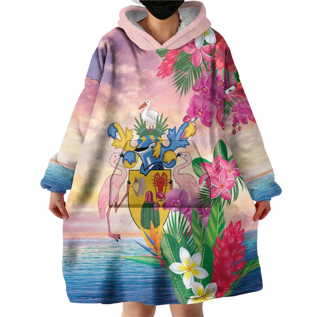 Turks And Caicos Islands Wearable Blanket Hoodie Flamingos Tropical Beauty Beach