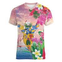 Turks And Caicos Islands Women V-Neck T-Shirt Flamingos Tropical Beauty Beach
