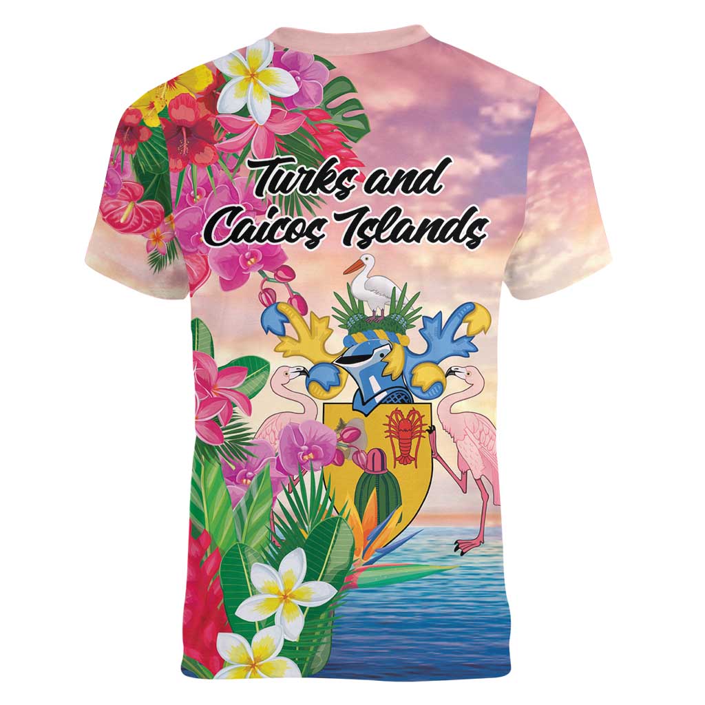 Turks And Caicos Islands Women V-Neck T-Shirt Flamingos Tropical Beauty Beach