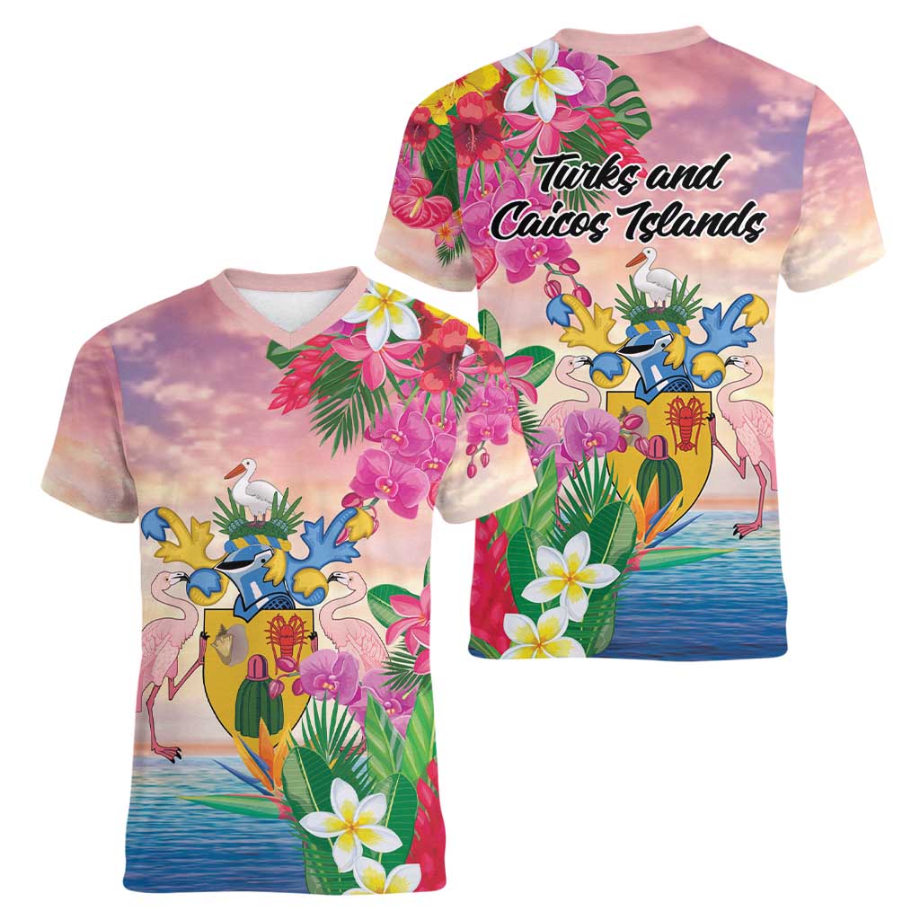 Turks And Caicos Islands Women V-Neck T-Shirt Flamingos Tropical Beauty Beach