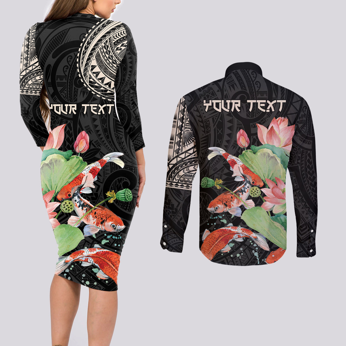 Personalized Japanese Koi Fish Couples Matching Long Sleeve Bodycon Dress and Long Sleeve Button Shirt with Polynesian Pattern LT9 - Wonder Print Shop