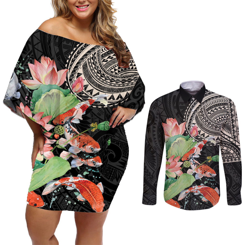 Personalized Japanese Koi Fish Couples Matching Off Shoulder Short Dress and Long Sleeve Button Shirt with Polynesian Pattern LT9 - Wonder Print Shop