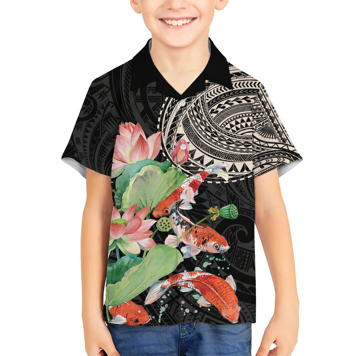 Personalized Japanese Koi Fish Hawaiian Shirt with Polynesian Pattern - Wonder Print Shop