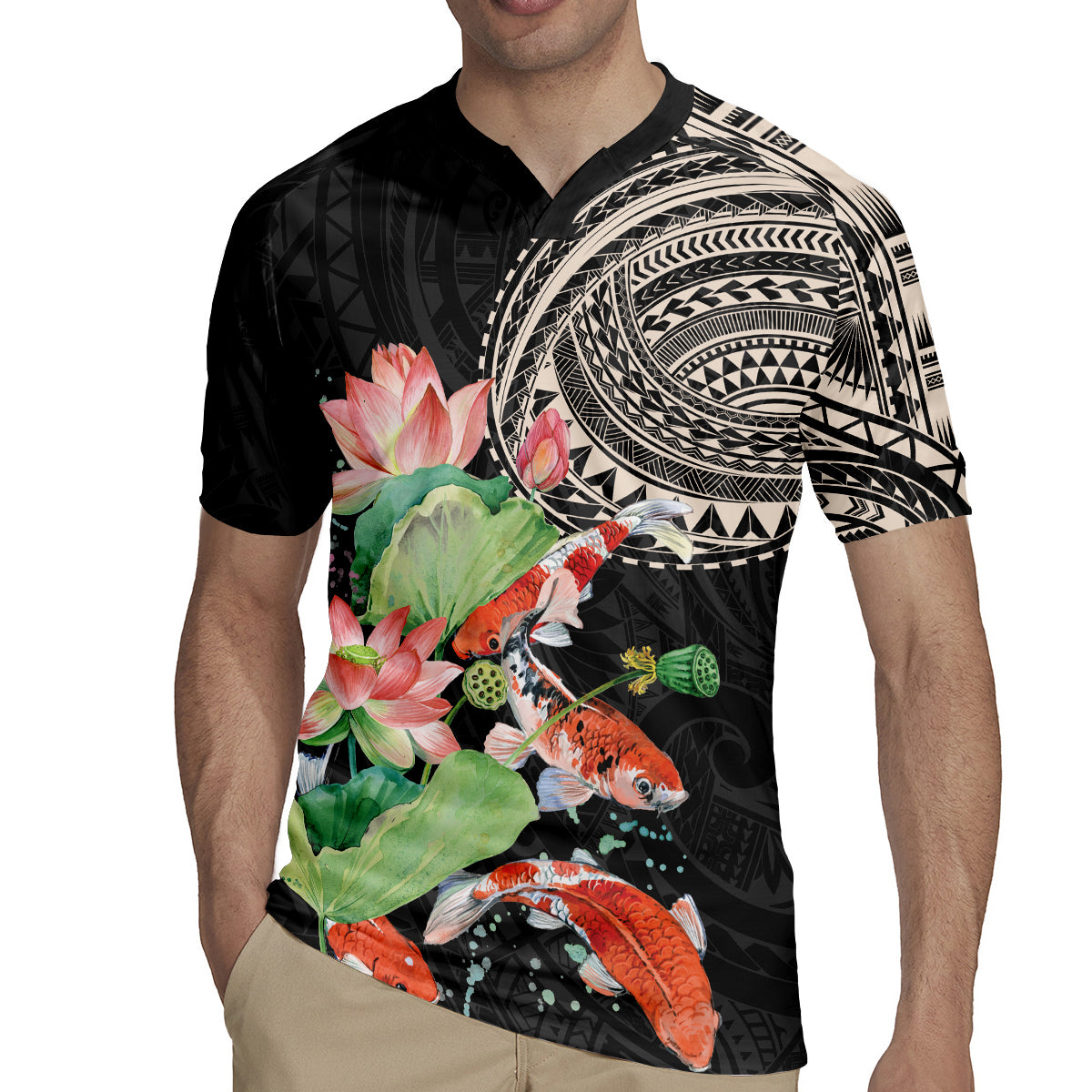 Personalized Japanese Koi Fish Rugby Jersey with Polynesian Pattern - Wonder Print Shop