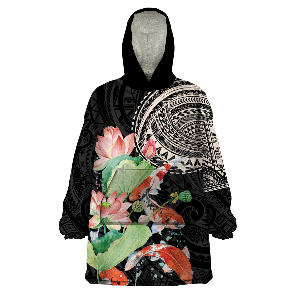 Personalized Japanese Koi Fish Wearable Blanket Hoodie with Polynesian Pattern