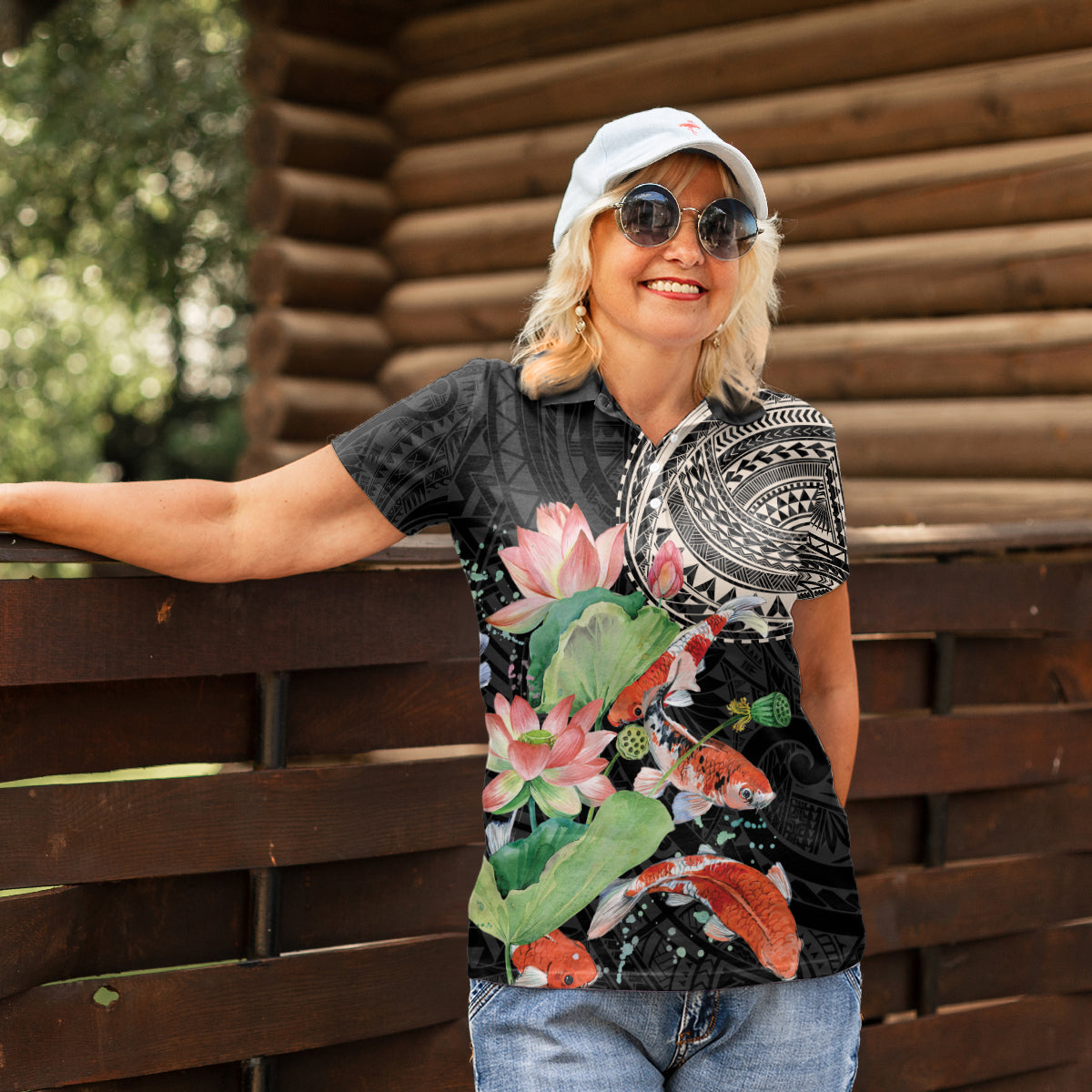 Personalized Japanese Koi Fish Women Polo Shirt with Polynesian Pattern - Wonder Print Shop
