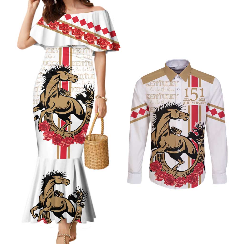 Personalized Kentucky Horse Race 151st Anniversary Couples Matching Mermaid Dress and Long Sleeve Button Shirt Race For The Roses Since 1875 LT9