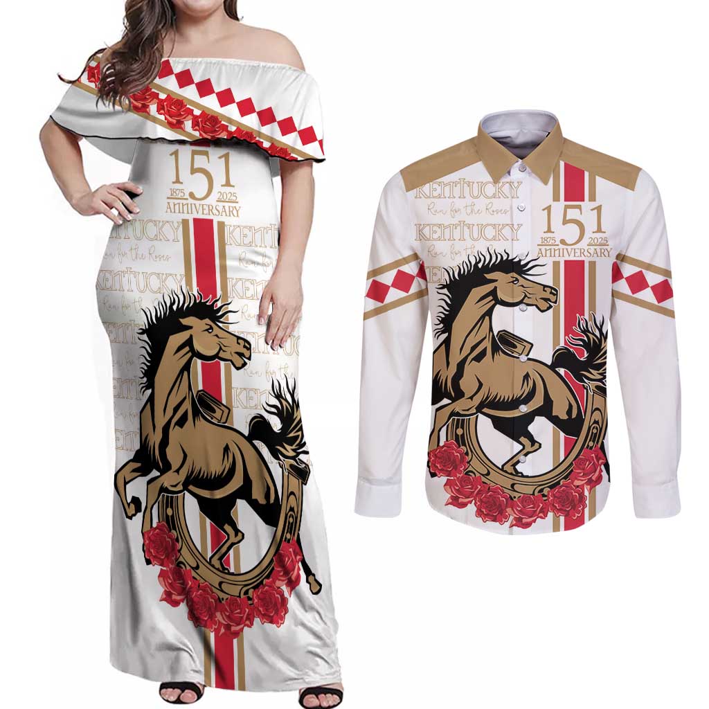 Personalized Kentucky Horse Race 151st Anniversary Couples Matching Off Shoulder Maxi Dress and Long Sleeve Button Shirt Race For The Roses Since 1875 LT9
