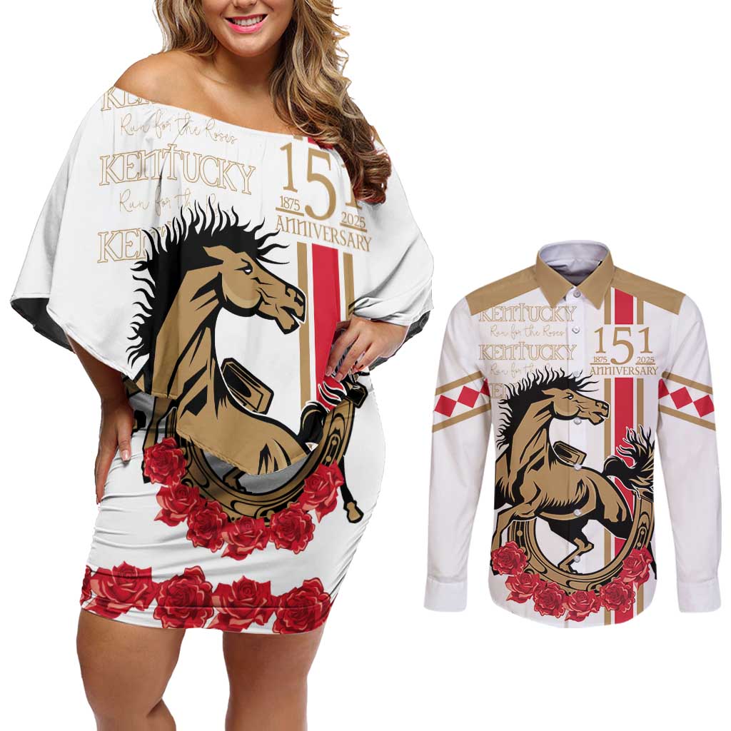 Personalized Kentucky Horse Race 151st Anniversary Couples Matching Off Shoulder Short Dress and Long Sleeve Button Shirt Race For The Roses Since 1875 LT9