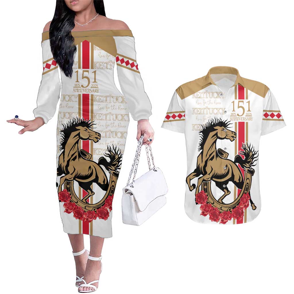 Personalized Kentucky Horse Race 151st Anniversary Couples Matching Off The Shoulder Long Sleeve Dress and Hawaiian Shirt Race For The Roses Since 1875 LT9