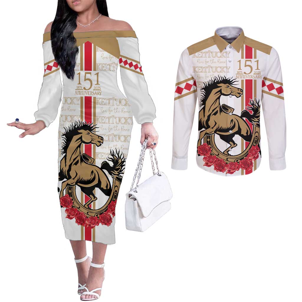 Personalized Kentucky Horse Race 151st Anniversary Couples Matching Off The Shoulder Long Sleeve Dress and Long Sleeve Button Shirt Race For The Roses Since 1875 LT9
