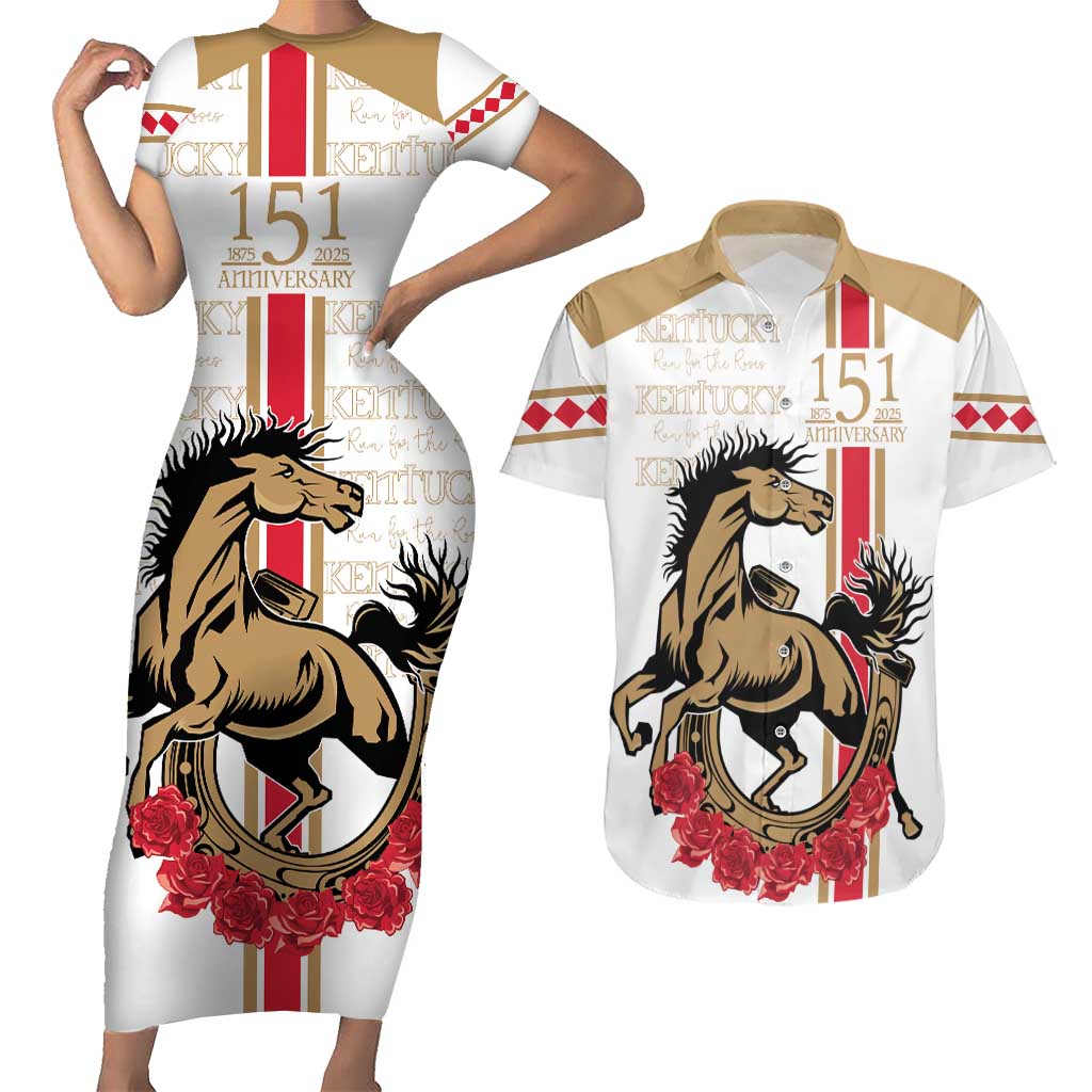 Personalized Kentucky Horse Race 151st Anniversary Couples Matching Short Sleeve Bodycon Dress and Hawaiian Shirt Race For The Roses Since 1875 LT9