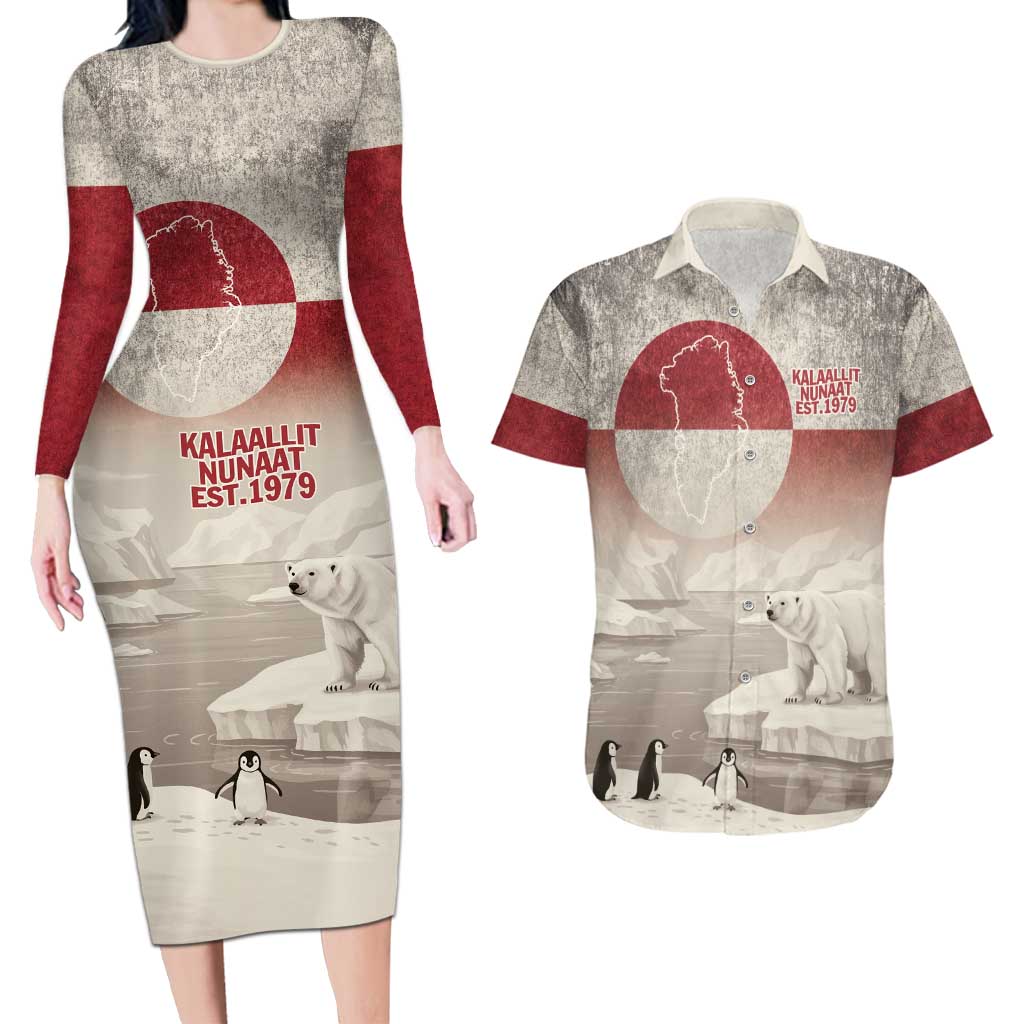 Greenland Flag Vintage Couples Matching Long Sleeve Bodycon Dress and Hawaiian Shirt Greenlander Flag With Polar Bear