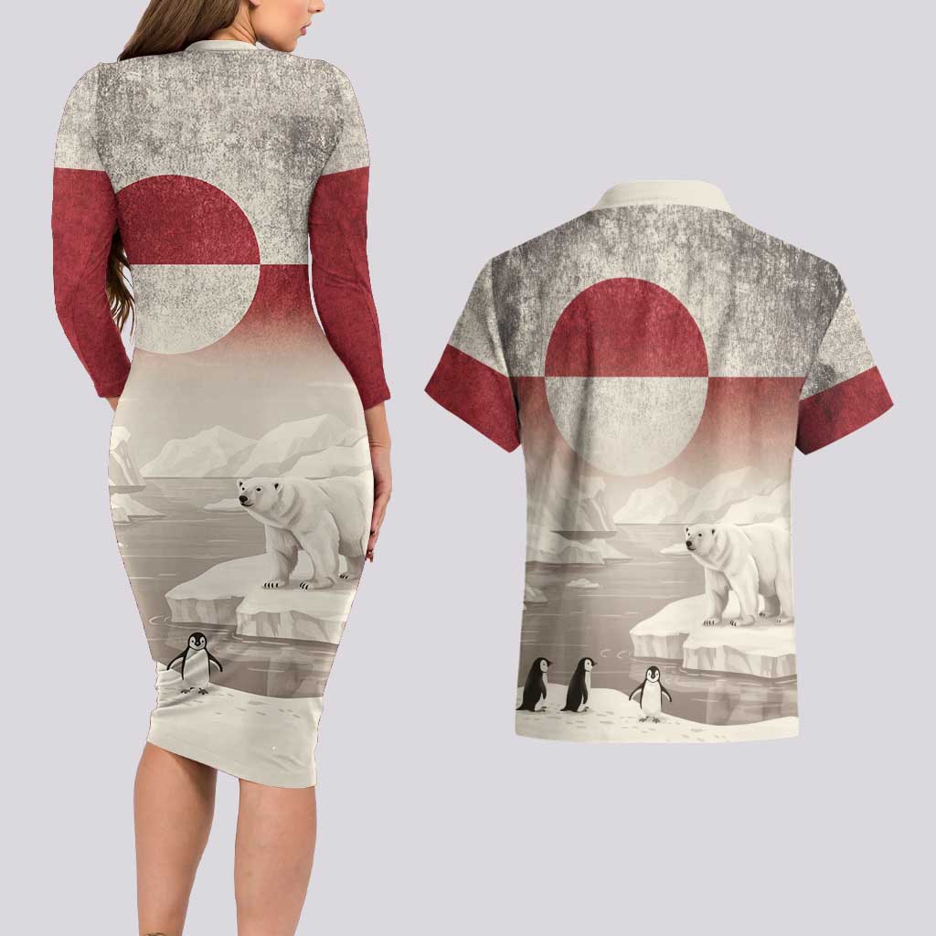 Greenland Flag Vintage Couples Matching Long Sleeve Bodycon Dress and Hawaiian Shirt Greenlander Flag With Polar Bear
