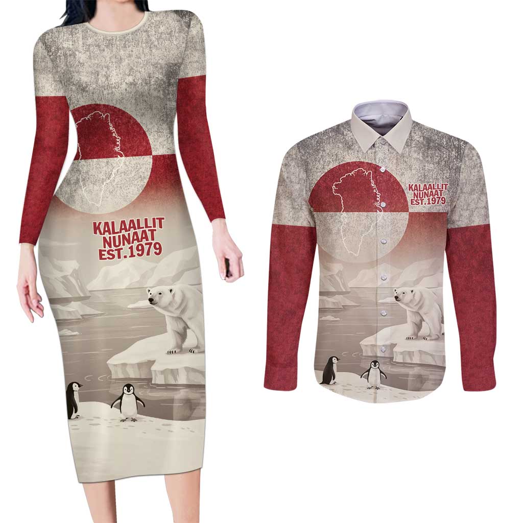 Greenland Flag Vintage Couples Matching Long Sleeve Bodycon Dress and Long Sleeve Button Shirt Greenlander Flag With Polar Bear