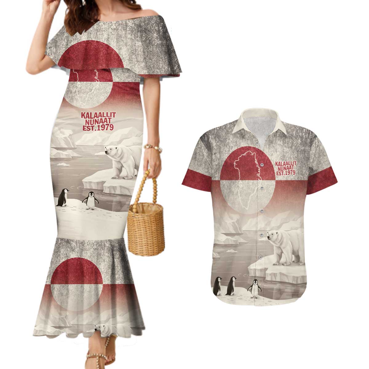 Greenland Flag Vintage Couples Matching Mermaid Dress and Hawaiian Shirt Greenlander Flag With Polar Bear