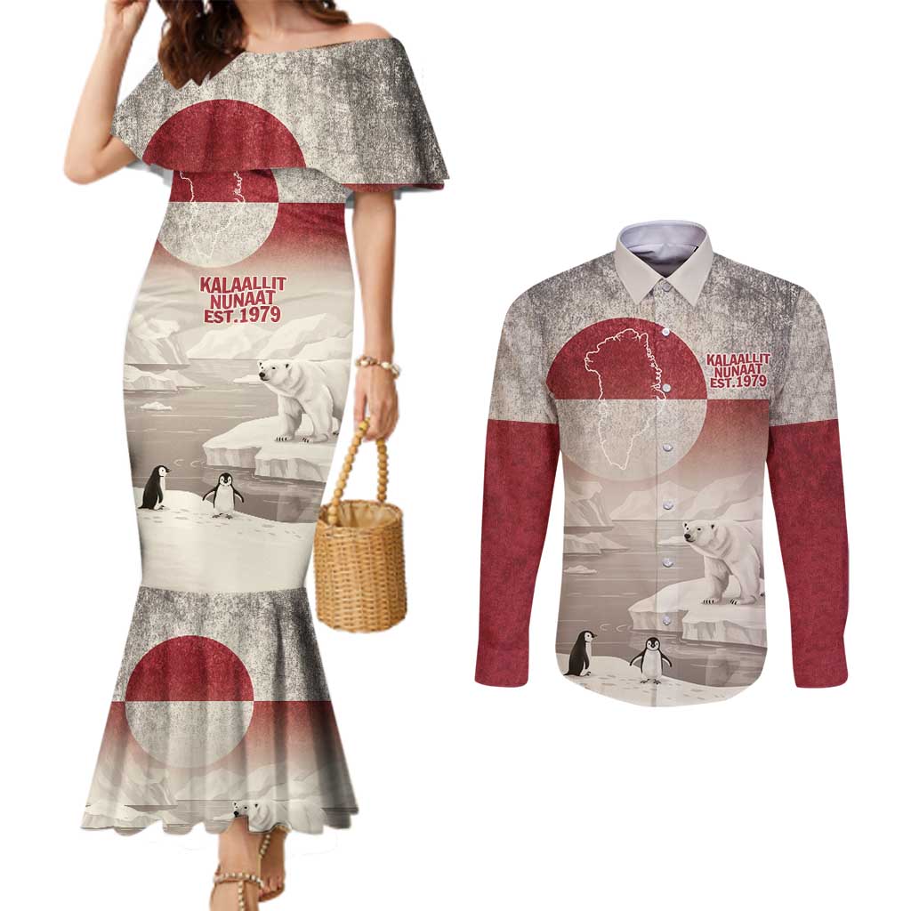 Greenland Flag Vintage Couples Matching Mermaid Dress and Long Sleeve Button Shirt Greenlander Flag With Polar Bear