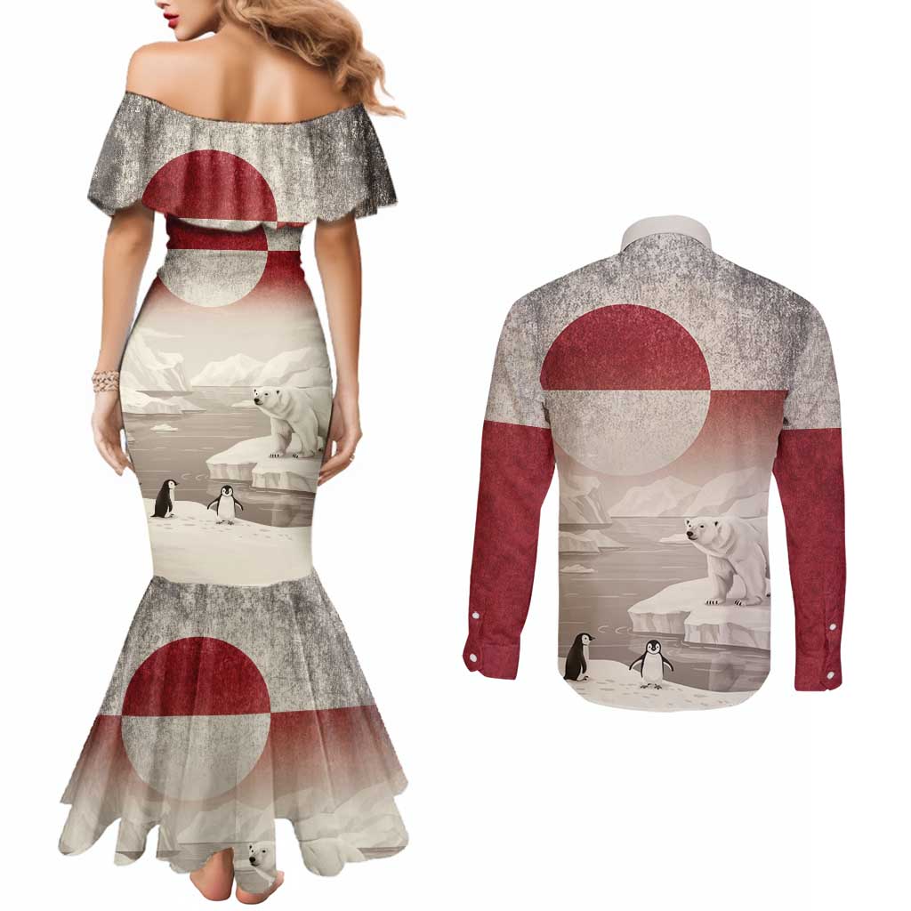 Greenland Flag Vintage Couples Matching Mermaid Dress and Long Sleeve Button Shirt Greenlander Flag With Polar Bear