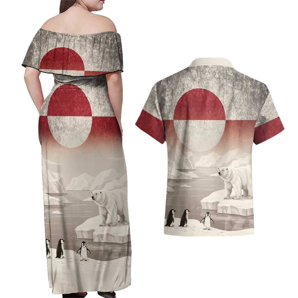 Greenland Flag Vintage Couples Matching Off Shoulder Maxi Dress and Hawaiian Shirt Greenlander Flag With Polar Bear