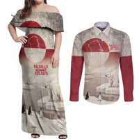 Greenland Flag Vintage Couples Matching Off Shoulder Maxi Dress and Long Sleeve Button Shirt Greenlander Flag With Polar Bear