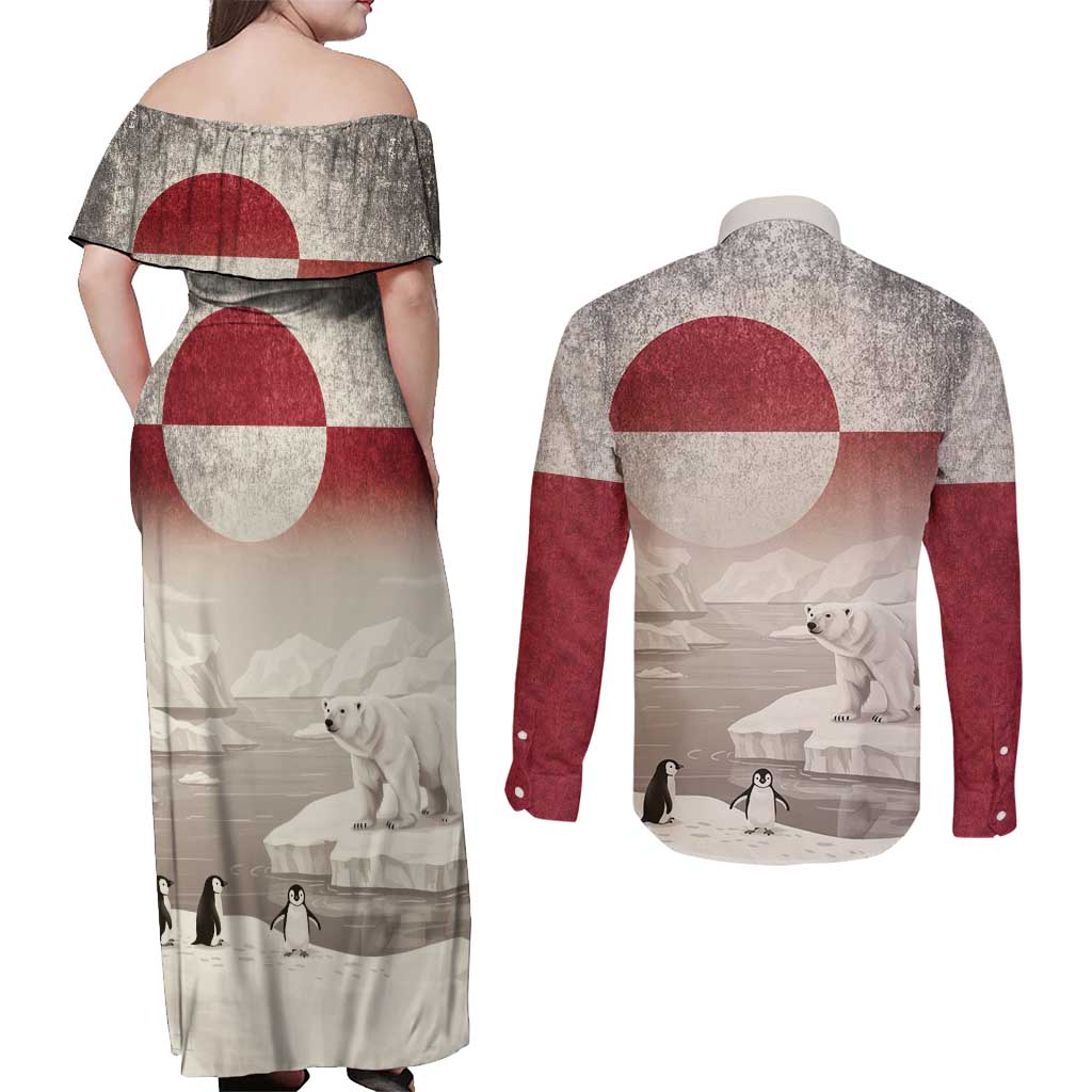 Greenland Flag Vintage Couples Matching Off Shoulder Maxi Dress and Long Sleeve Button Shirt Greenlander Flag With Polar Bear