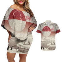 Greenland Flag Vintage Couples Matching Off Shoulder Short Dress and Hawaiian Shirt Greenlander Flag With Polar Bear