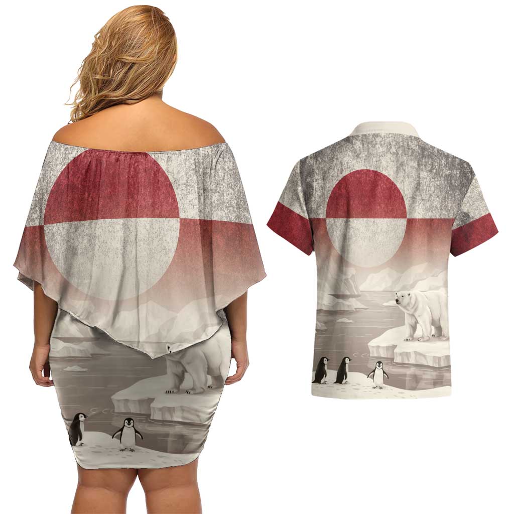 Greenland Flag Vintage Couples Matching Off Shoulder Short Dress and Hawaiian Shirt Greenlander Flag With Polar Bear