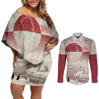Greenland Flag Vintage Couples Matching Off Shoulder Short Dress and Long Sleeve Button Shirt Greenlander Flag With Polar Bear