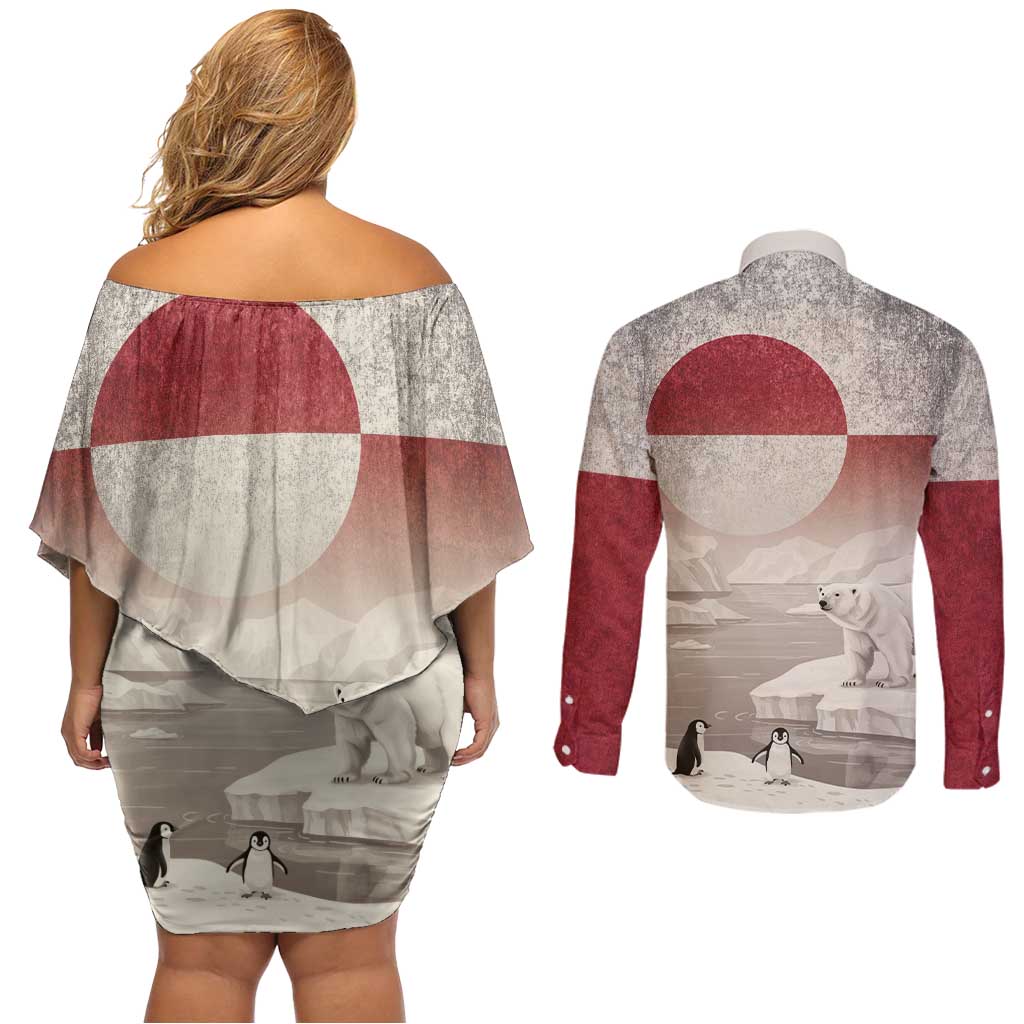 Greenland Flag Vintage Couples Matching Off Shoulder Short Dress and Long Sleeve Button Shirt Greenlander Flag With Polar Bear